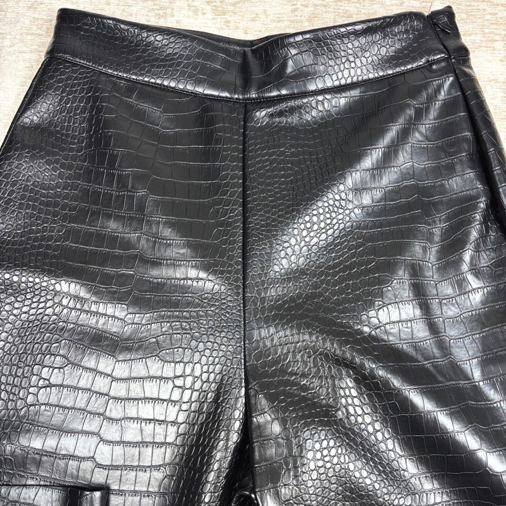 MESHKI Faux Leather Alligator Black High Waist Straight Leg Split Hem Pants Sz L